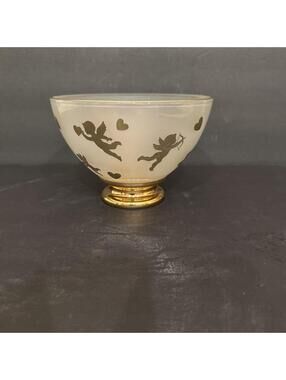 Vintage Teleflora Valentines Hearts Cupids Frosted Glass Bowl 4.5” T X 6.5” W